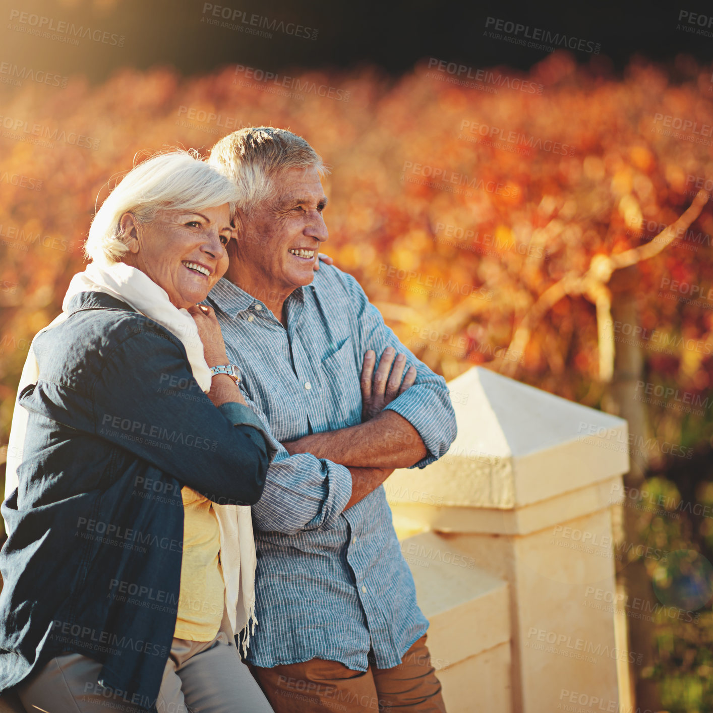 Buy stock photo Senior couple, talking and smile in outdoor for love, romance and relax in vineyard or nature. Elderly people, speaking and bonding together on vacation, holiday and calm retirement for marriage