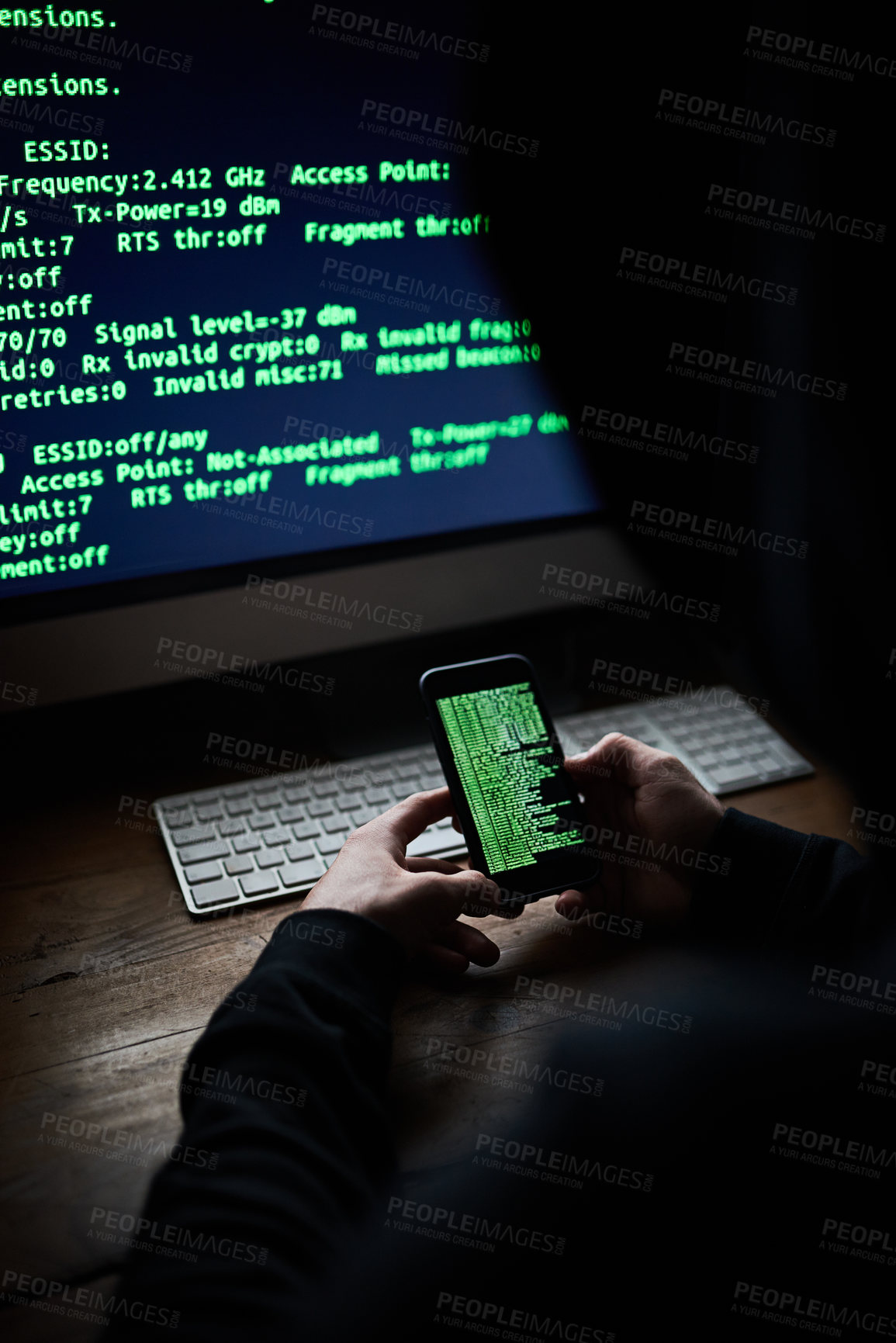 Buy stock photo Mobile, programmer hands and code screen with software for hacking crime or cyber security, download or virus. Hacker, programming and thief with digital database for online glitch with web banking