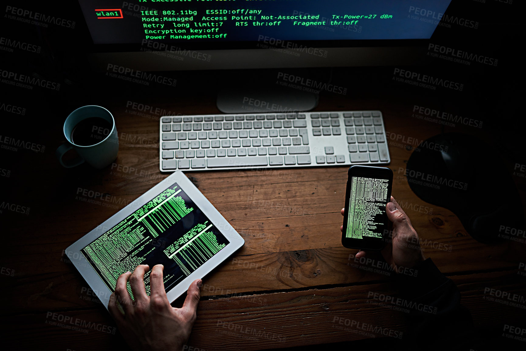 Buy stock photo Desk, hands and night with technology of hacker in office from above for cybercrime or data theft. Computer, phone and tablet with criminal person in workplace at night to break firewall security