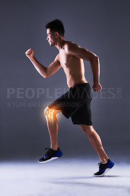 Buy stock photo Man, knee and injury of fitness in studio, anatomy of leg and xray for diagnosis. Red glow, running and double exposure with inflammation of muscle strain, ache and arthritis with gray background.