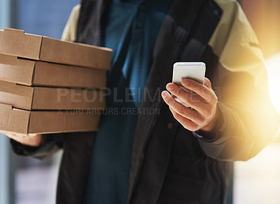 Buy stock photo Fast food, delivery and person with pizza and phone for distribution, online order and courier service in city. Happy, ecommerce and person with boxes for lunch, dinner and supper on smartphone