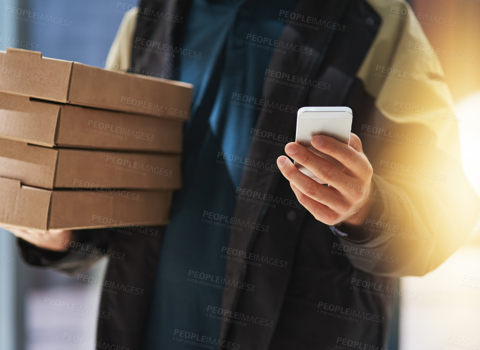 Buy stock photo Fast food, delivery and person with pizza and phone for distribution, online order and courier service in city. Happy, ecommerce and person with boxes for lunch, dinner and supper on smartphone