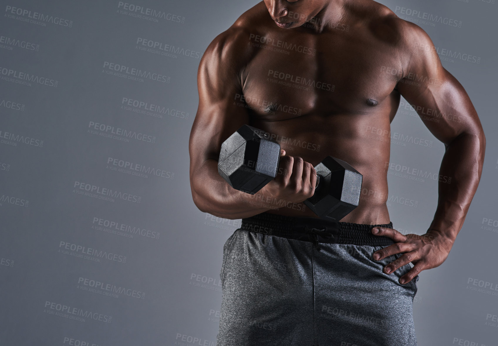Buy stock photo Fitness, black man and arm weights with trainer, muscle and strong with power from gym workout. Studio, training and exercise with sport wellness, health and athlete with grey background and mockup