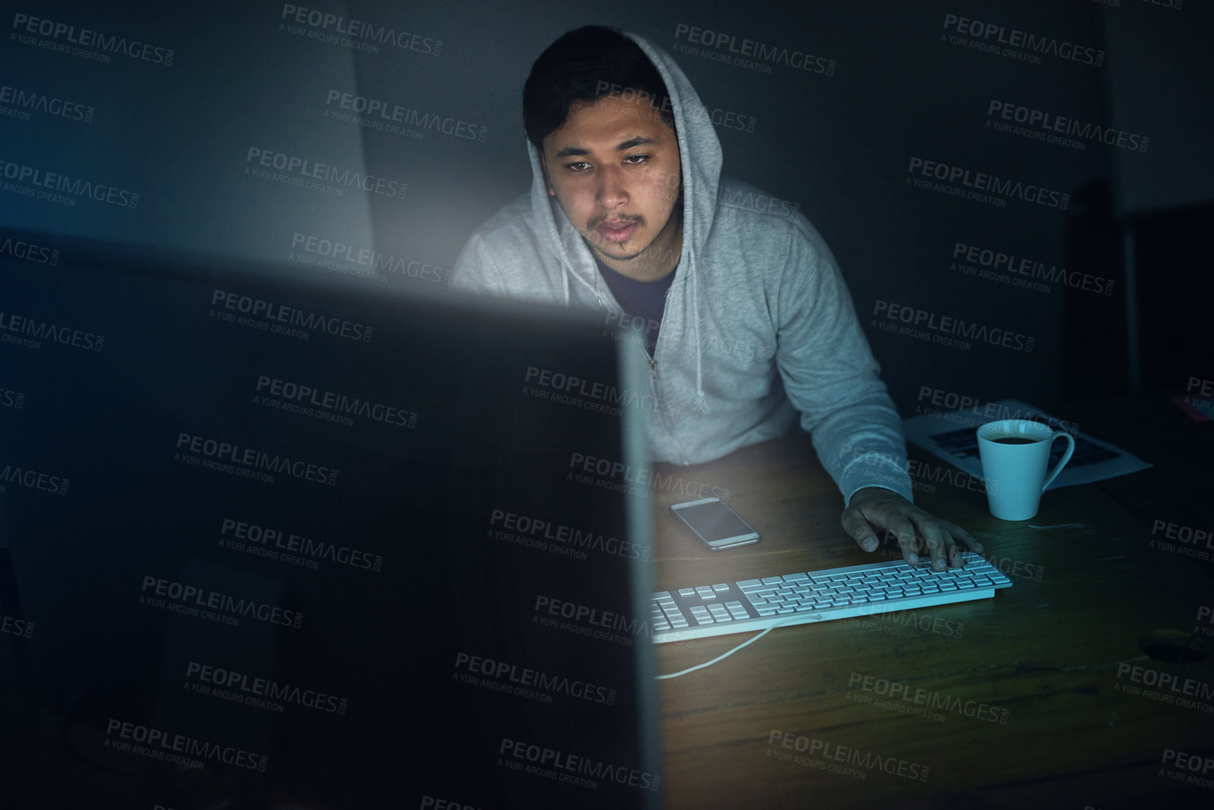 Buy stock photo Man, hacker and tired with computer in night for programming, software and working on project for system breach. Cybersecurity, dark and network for media , technology and online with user experience