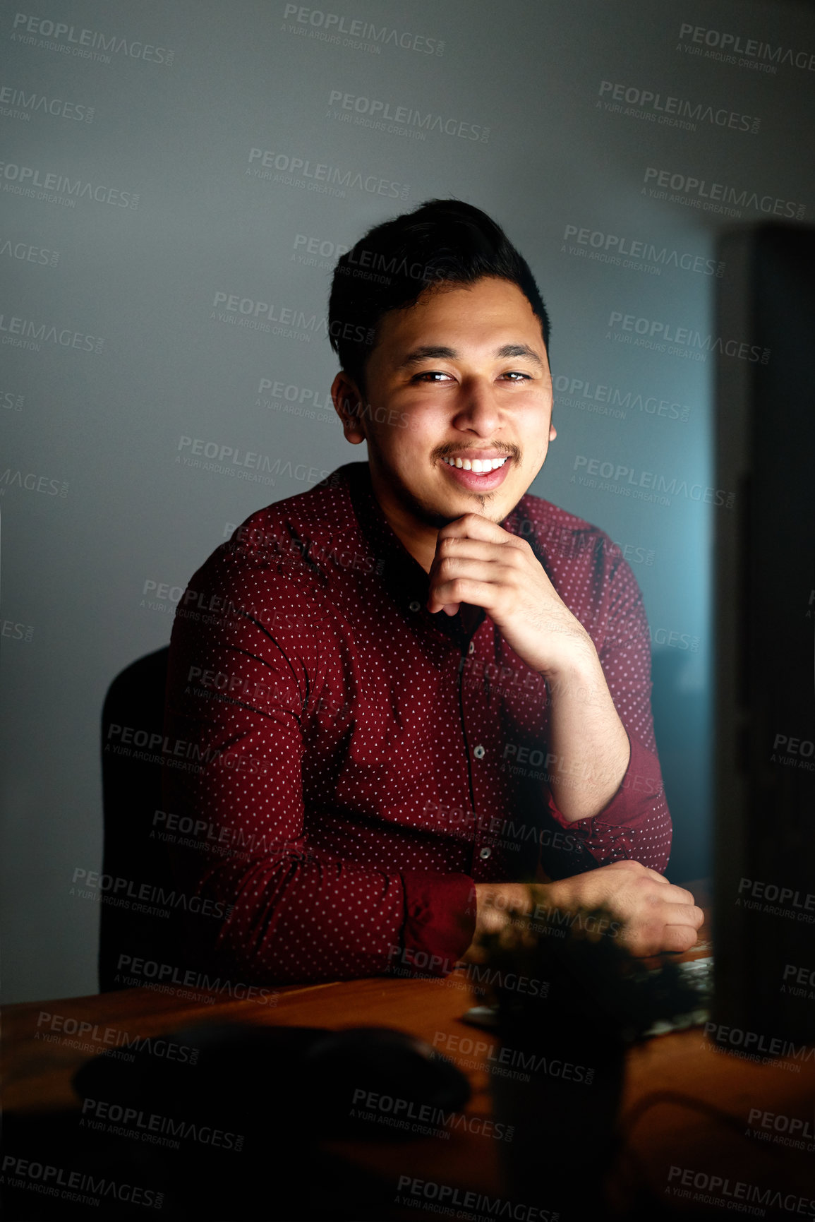 Buy stock photo Business man, portrait and computer at night with website designer, happy and startup with tech. Company, desk and web design of a digital employee with online update on internet coding for ux