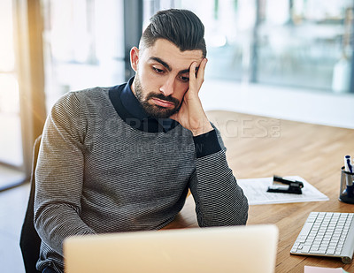 Buy stock photo Businessman, bored and stress with laptop in office for burnout, boring job and overworked by workspace. Professional, employee and headache from work deadline with migraine, fatigue and frustrated