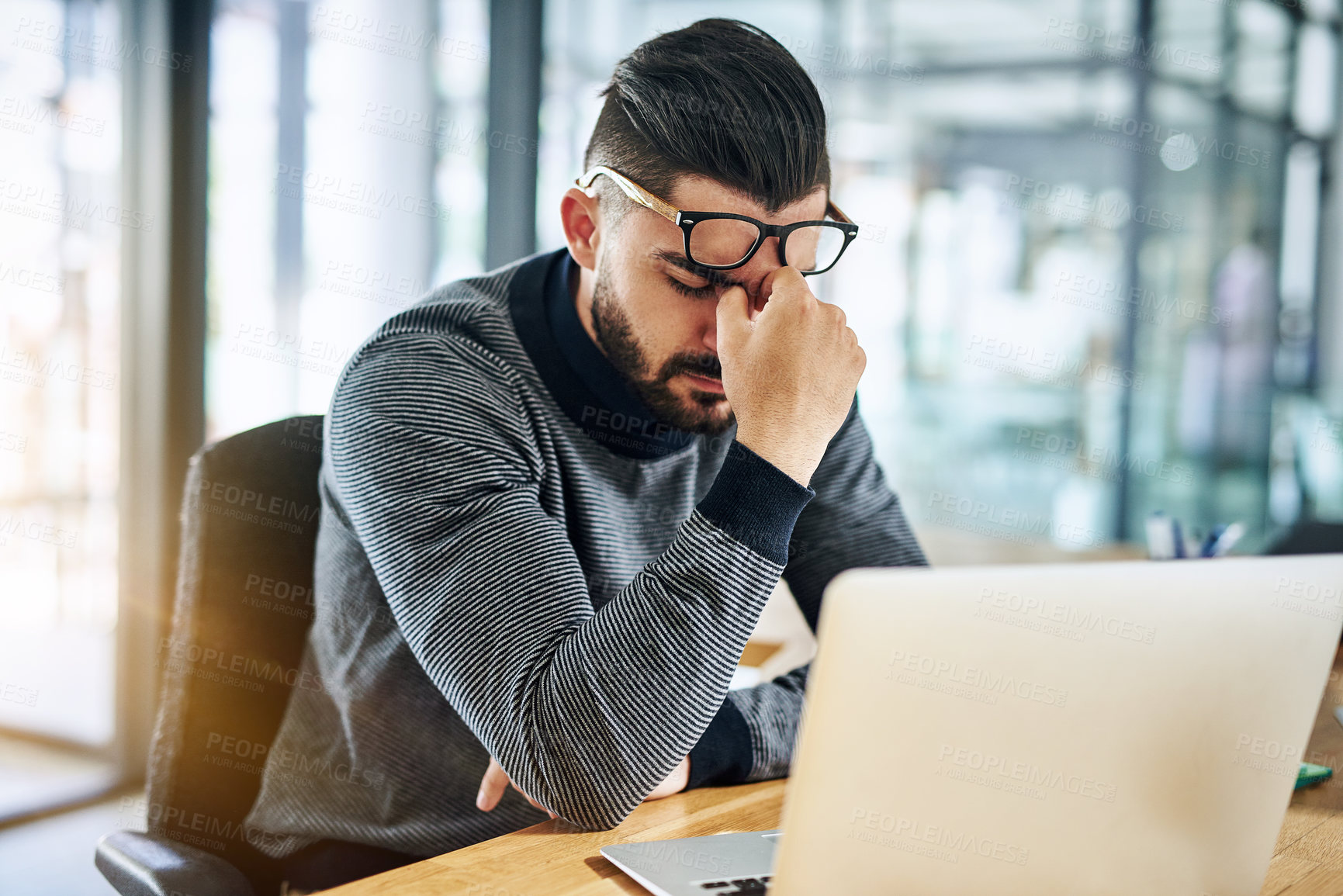 Buy stock photo Businessman, eye strain and headache with laptop in office with burnout, stress and overworked by desk. Professional, employee and discomfort from glasses with work deadline, migraine and frustrated