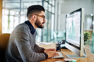 Business man, computer and chart on desktop using data analytics for SEO research at office desk. Male entrepreneur person typing on pc for information technology, infographics and graph statistics