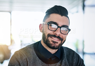 Buy stock photo Happy, glasses and portrait of businessman in office with company pride, confidence and smile in startup. Creative agency, professional worker and face of person for career, work and job opportunity