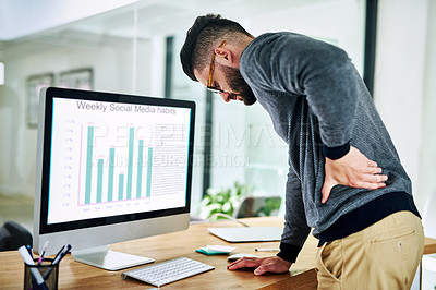 Buy stock photo Back pain, business man and social media habit chart with strain, stress and anxiety by computer in office. Tech, screen and graph with online, digital and project with work problem at company