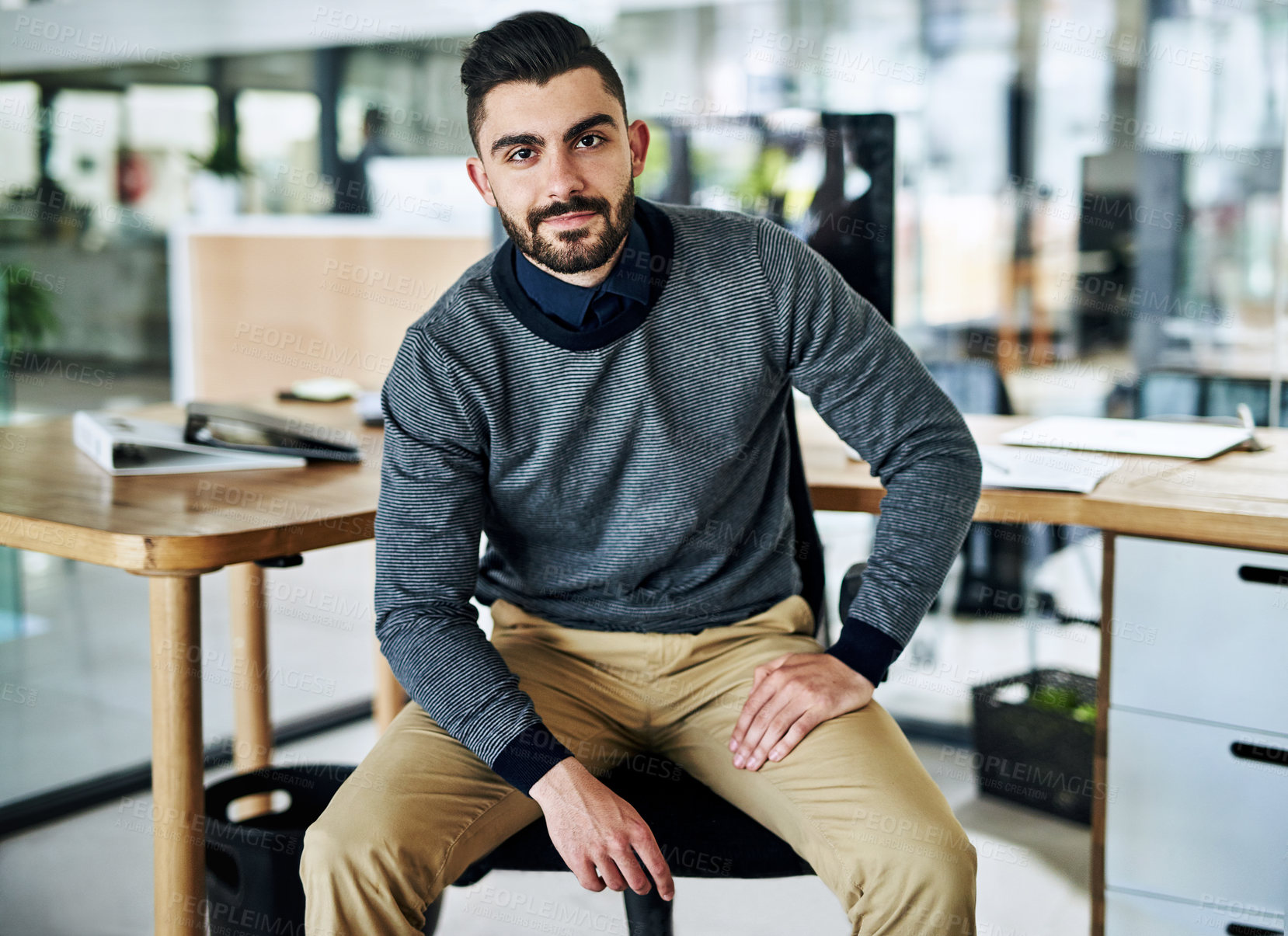 Buy stock photo Desk, happy and portrait of business man in office with company pride, confidence and success mindset. Creative startup, professional and person for career, ambition and job for digital marketing