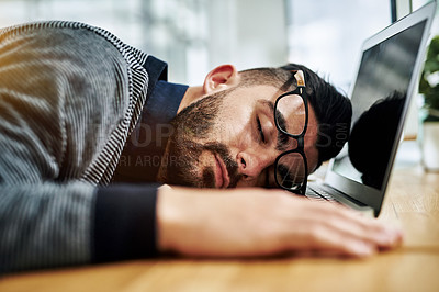 Buy stock photo Businessman, sleeping and tired with laptop in office for burnout, exhausted or overworked by workspace. Corporate, employee and glasses with nap by desk for work deadline or overwhelmed with project