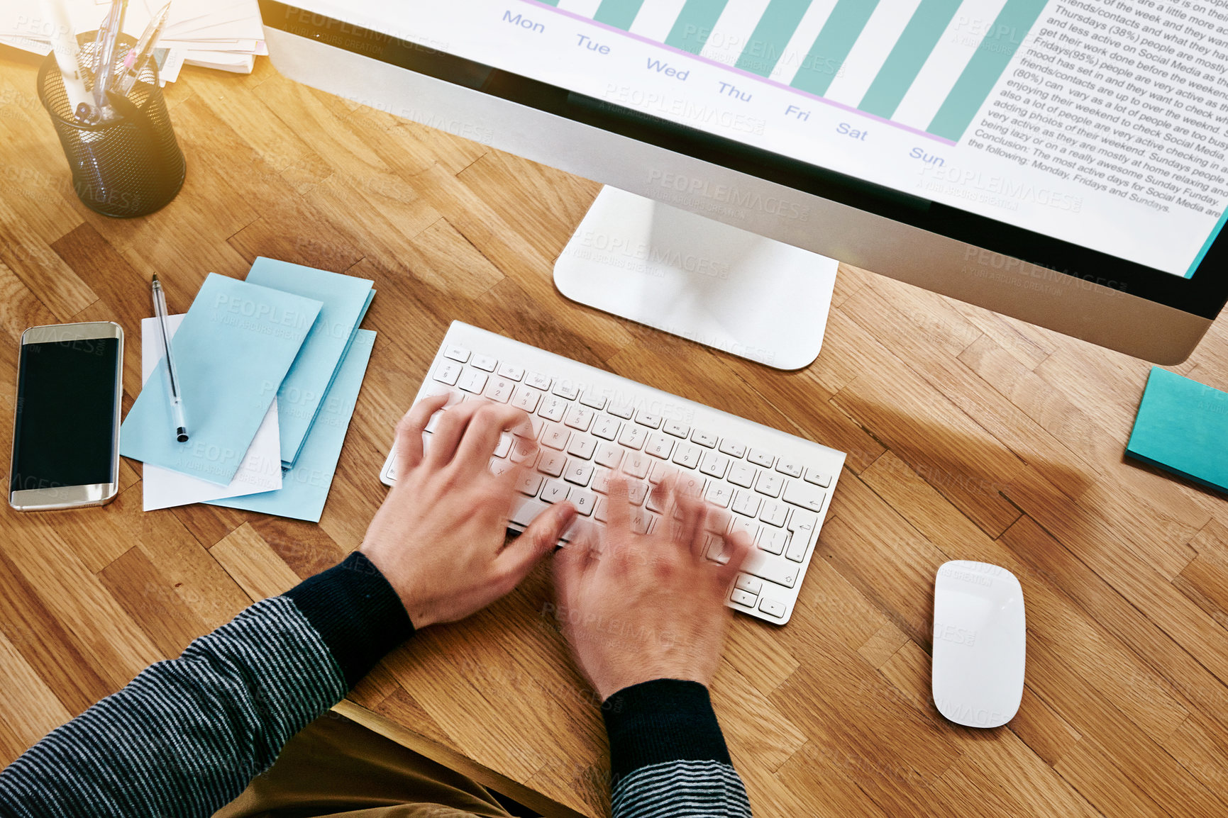 Buy stock photo Business man, hands and computer in closeup for financial review with graph and stats on revenue. Male accountant, movement and fast typing for data analytics, kpi and performance chart with fintech