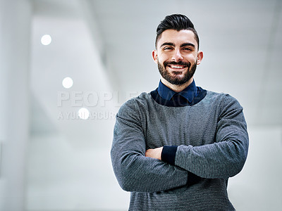 Buy stock photo Crossed arms, office and portrait of business man with company pride, confidence and smile in building. Creative agency, professional and happy person for career, work and job opportunity in startup
