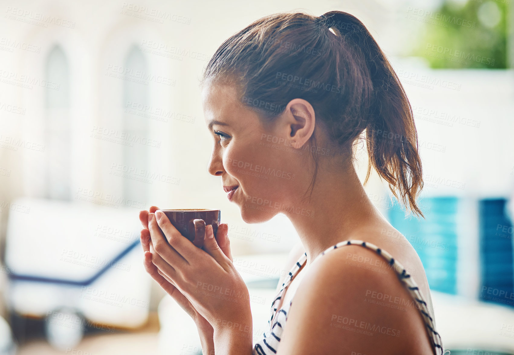 Buy stock photo Relax, smile and girl in cafe with drink, thinking and happy customer with tea in restaurant. Latte, ideas and calm woman in coffee shop with cup, wellness or morning inspiration on holiday in Greece