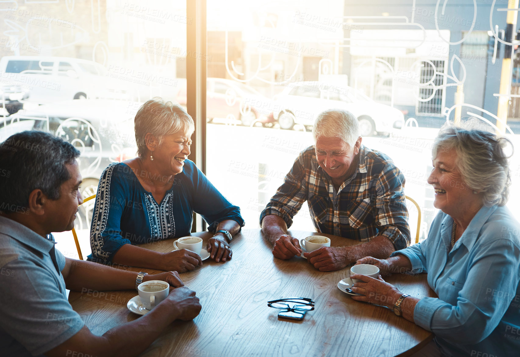 Buy stock photo Mature, friends and group relax at cafe on holiday or reunion on vacation in retirement. Senior, people and talking at coffee shop in city for brunch with latte, espresso and drink cappuccino or chat
