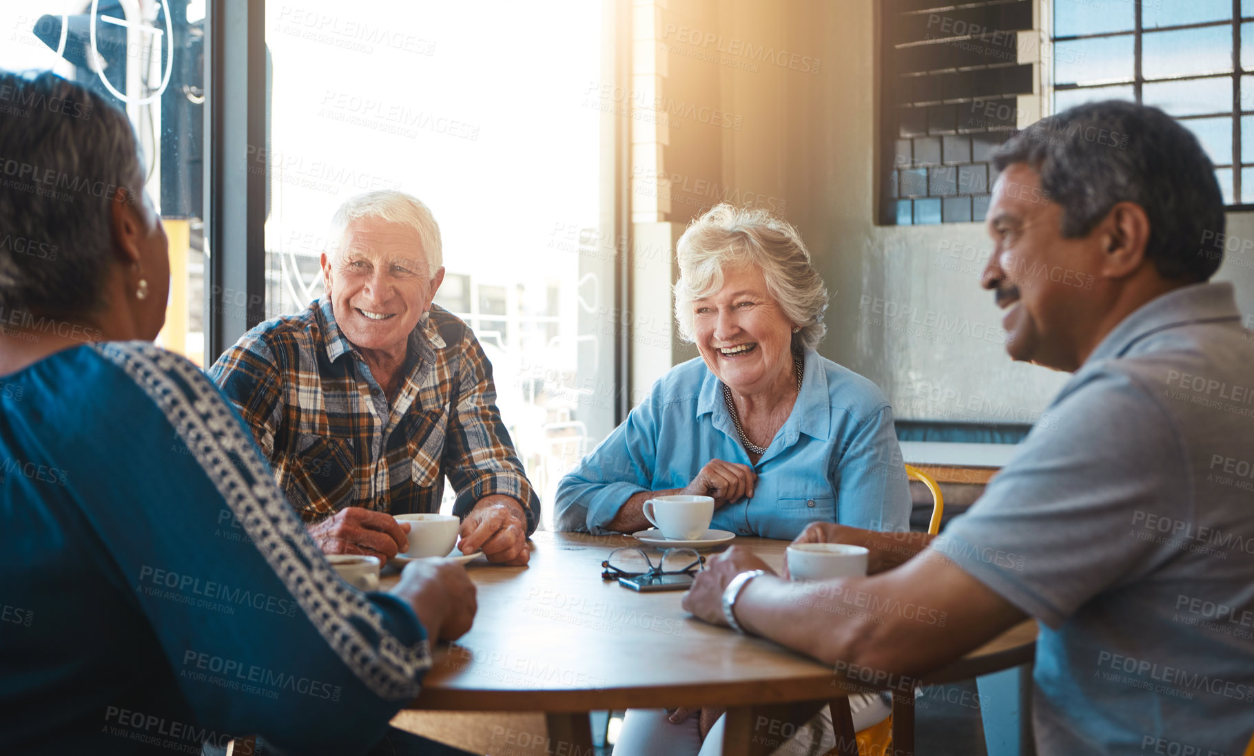Buy stock photo Senior, people and group relax at coffee shop on holiday or reunion on vacation in retirement. Elderly, friends and talking at cafe for brunch with latte, espresso and drink cappuccino and chat