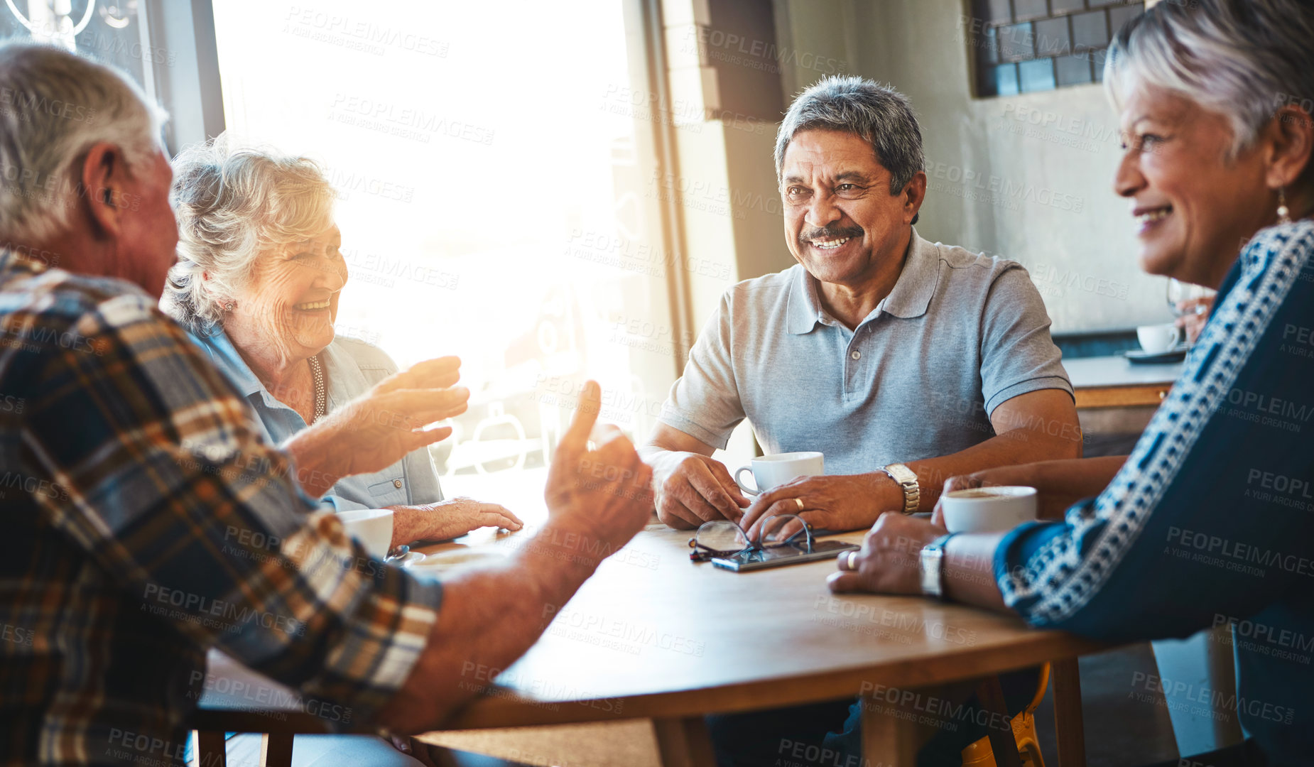 Buy stock photo Happy, friends and mature group at coffee shop on holiday or reunion on vacation in retirement. Senior, people and relax at cafe in morning with latte, espresso and drink tea and chat at table
