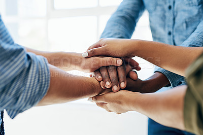 Buy stock photo Business people, hands and stack for collaboration in office, motivation and solidarity for trust. Employees, support and partnership at agency, pile and staff at workshop or team building at work