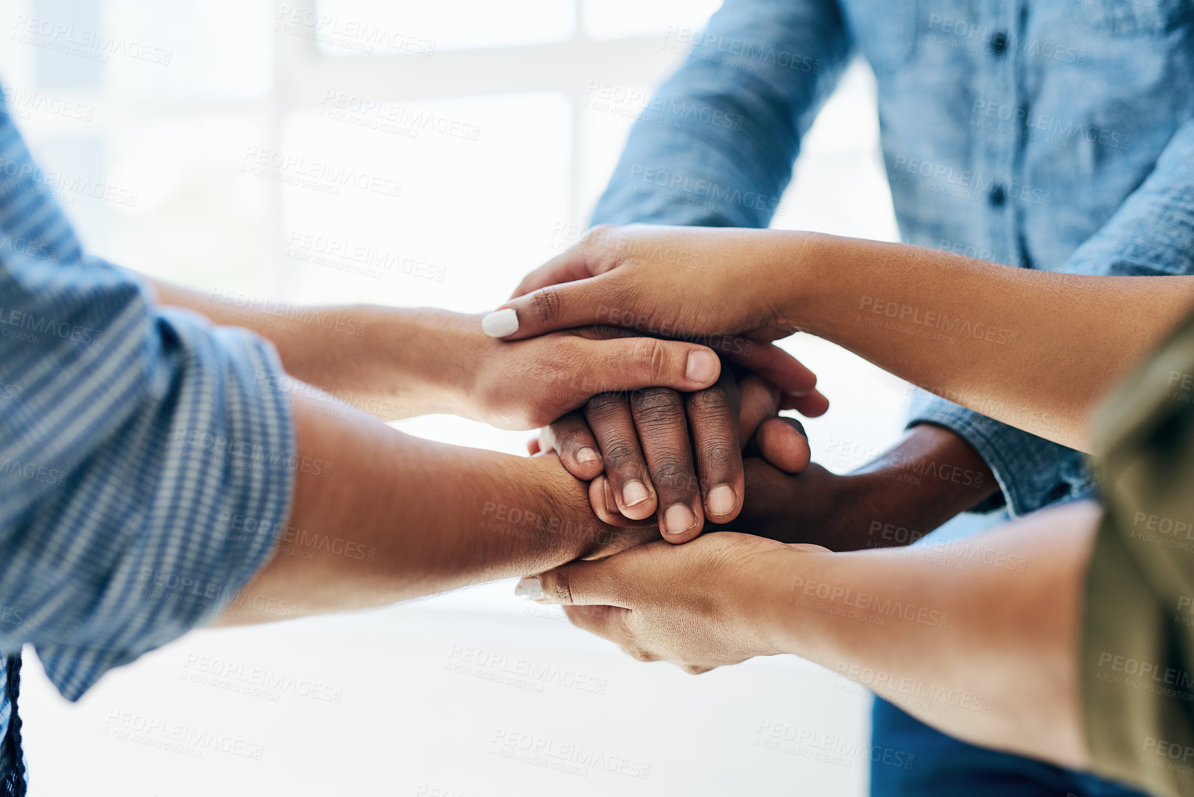 Buy stock photo Business people, hands and stack for collaboration in office, motivation and solidarity for trust. Employees, support and partnership at agency, pile and staff at workshop or team building at work