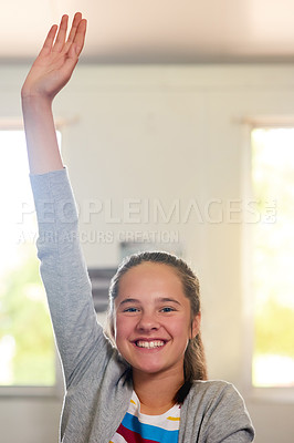 Buy stock photo Question, school and hand of girl in classroom for answer in lesson, learning or education development. Happy portrait, knowledge and young student with hands raised for asking, feedback or questions