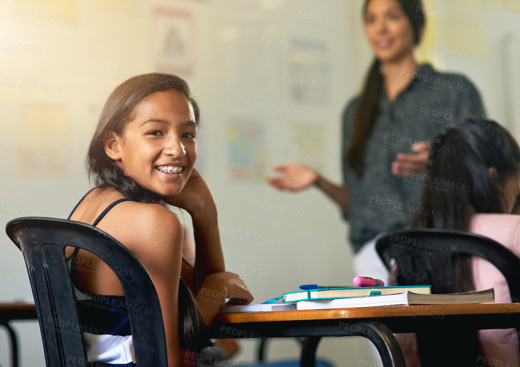 Buy stock photo Portrait, students and teacher in classroom, smile and education with knowledge, relax and learning. Face, people and educator with kids, child development and studying to prepare for test and exam