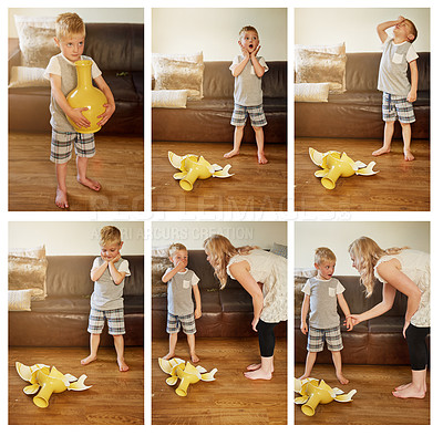 Buy stock photo Composite shot of a mother scolding her little son for breaking a vase at home