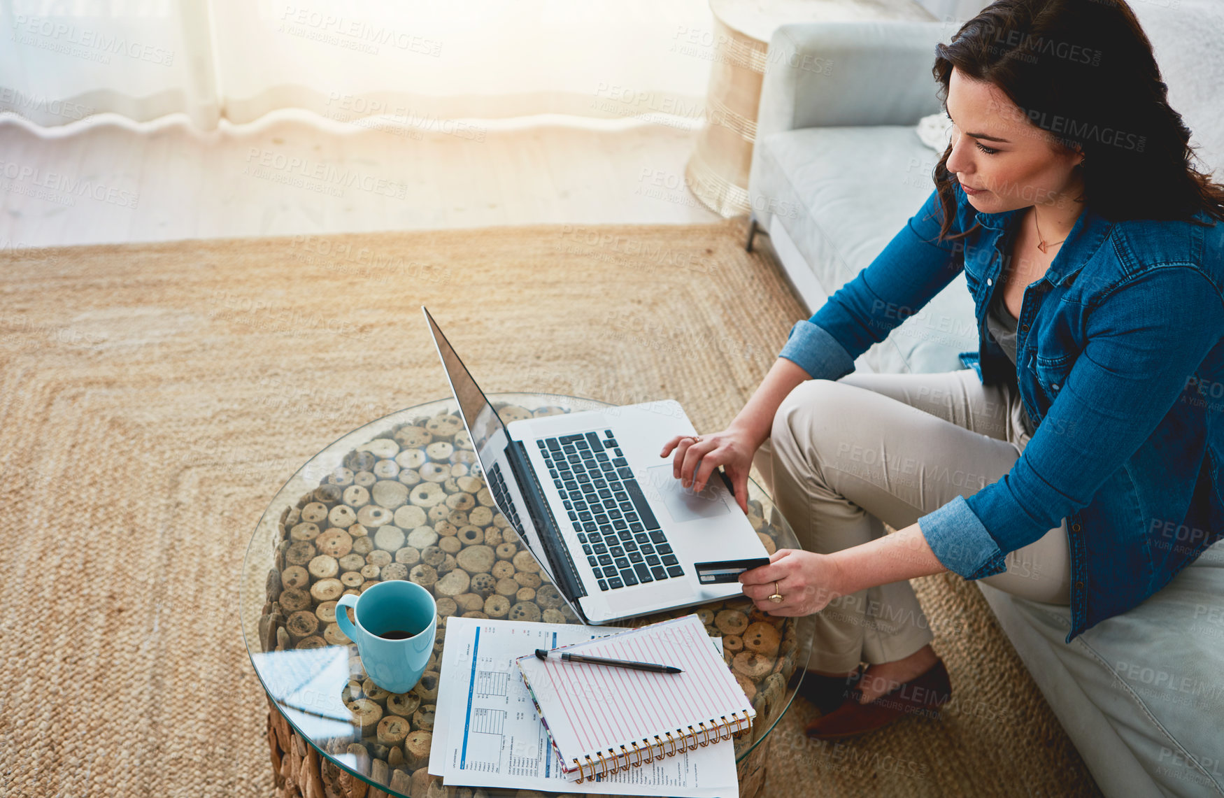 Buy stock photo Woman, laptop and above work on couch, freelancer and checking email for job in living room in home. Blog, online research and social media with notebook, planner and comfort in apartment lounge