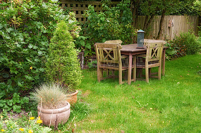 Buy stock photo A peaceful place to relax on a sunny day. A pleasant picture of a garden with fences covered with vines, a stone flower pot with wild grass and flowers, chairs, and a dining table, and a bird feeder.