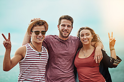 Buy stock photo Portrait of a group of friends spending time together outdoors