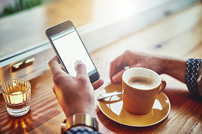 Buy stock photo Hands, coffee and phone screen in cafe for social media, communication or networking. Mockup, relax and male person with cappuccino drink for browsing internet, trending update or lunch break