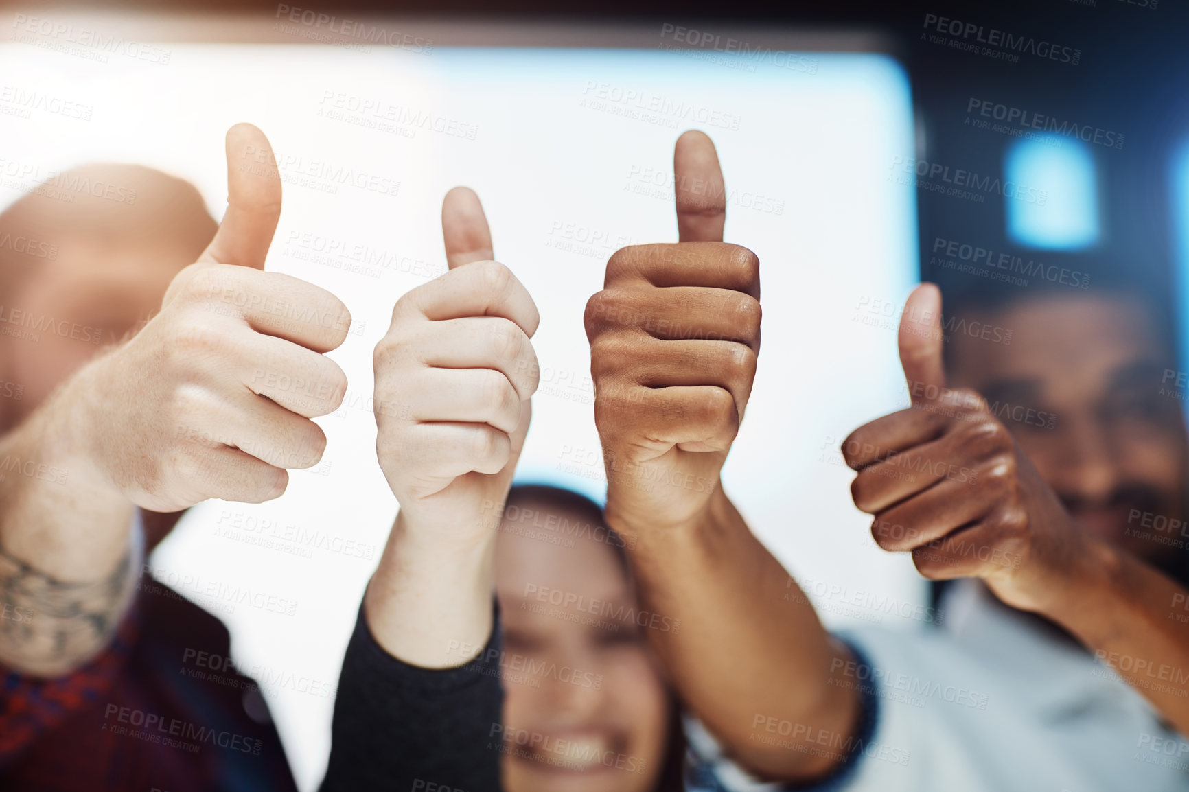 Buy stock photo Teamwork, support and trust with a thumbs up from happy colleagues collaborating. Excited partners uniting, showing trust and success with a winning gesture. Community working together towards a goal
