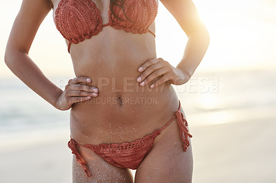 Buy stock photo Cropped shot of a gorgeous young woman posing in her bikini on the beach