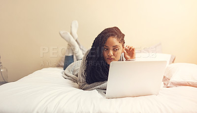 Buy stock photo Laptop, student and thinking with woman in bedroom for college application, University portal and reflection. Vision, idea and academy admission with African person and research at home for update