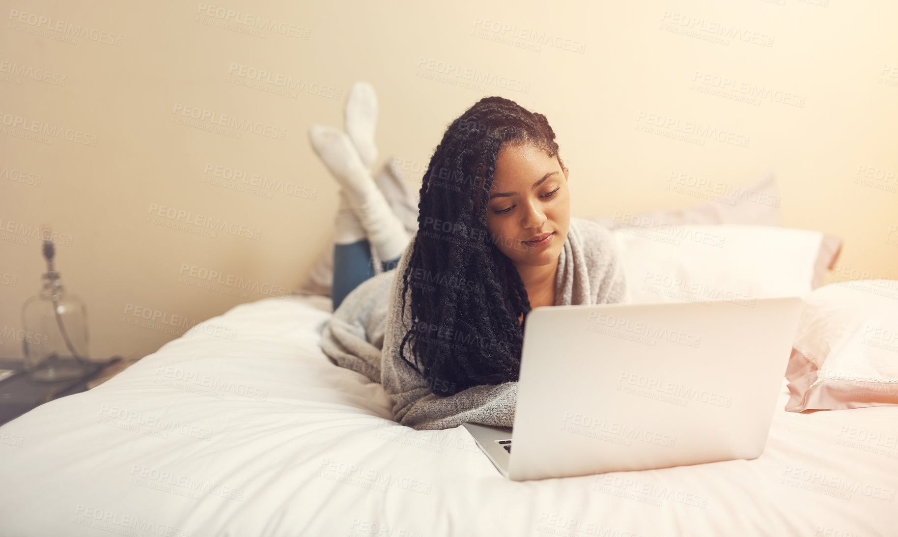 Buy stock photo Search, thinking and woman on bed with tablet for university registration, results or project in home. Relax, girl or college student in bedroom with research for online course, education or ideas