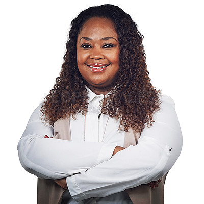 Buy stock photo Portrait, black woman and happy, smile and confident, corporate and employee in studio on white background. Face, woman and proud leader excited about career mission and standing, posing and isolated