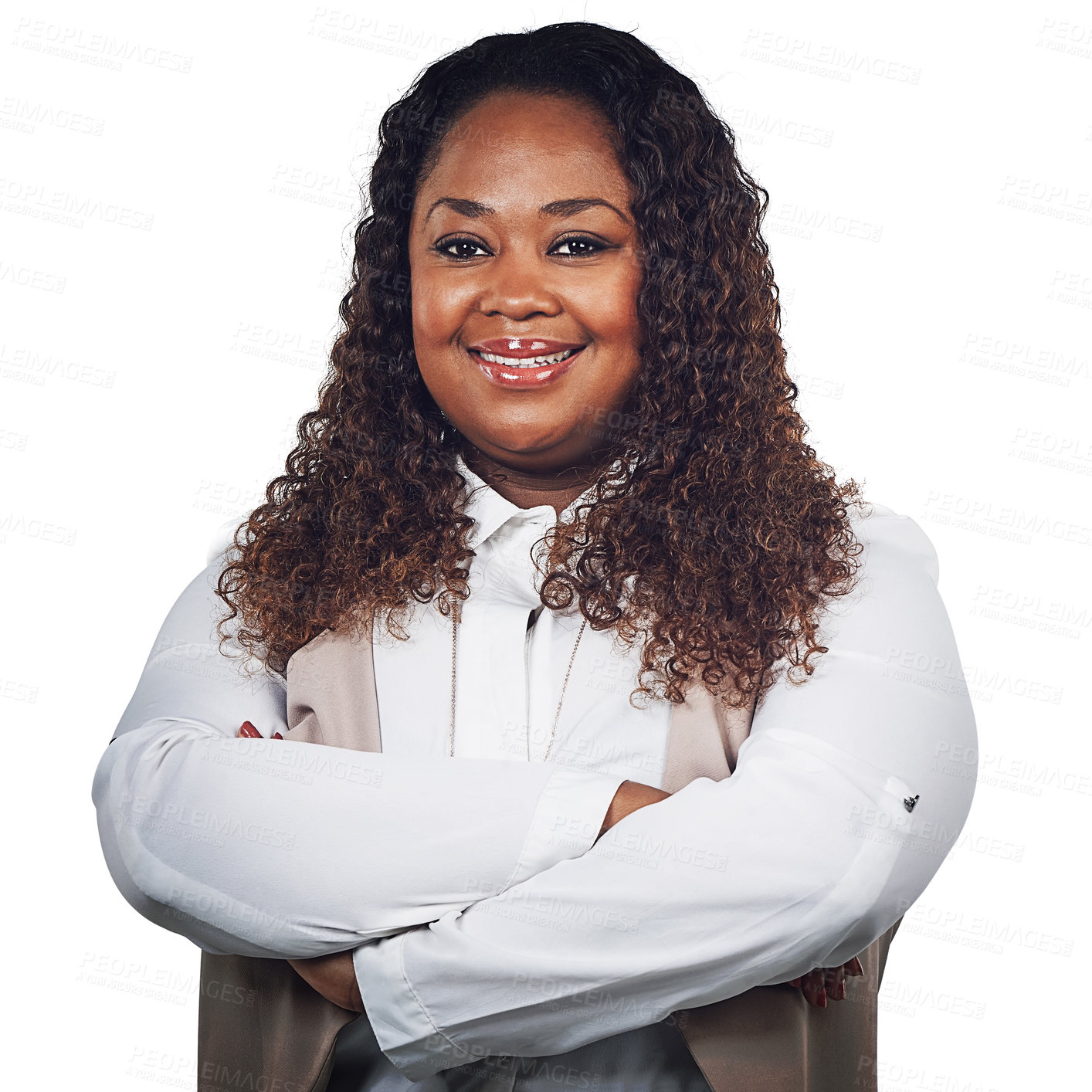 Buy stock photo Portrait, black woman and happy, smile and confident, corporate and employee in studio on white background. Face, woman and proud leader excited about career mission and standing, posing and isolated