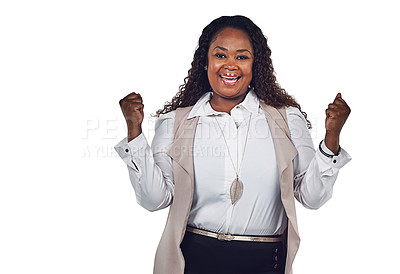 Buy stock photo Portrait, black woman in studio for success, winner and startup goal on white background. Face, happy and small business owner excited for victory, wow and good news development celebration isolated