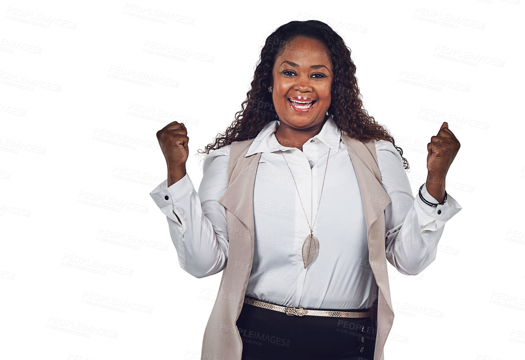 Buy stock photo Portrait, black woman in studio for success, winner and startup goal on white background. Face, happy and small business owner excited for victory, wow and good news development celebration isolated