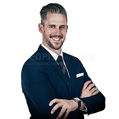 Buy stock photo Studio portrait of a confident businessman posing against a white background