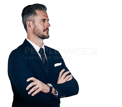 Buy stock photo Studio shot of a confident businessman posing against a white background