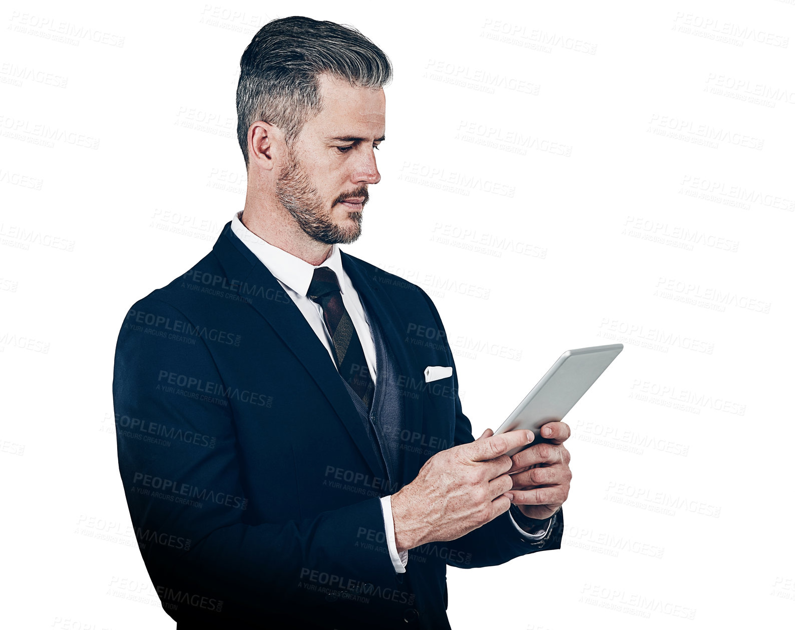 Buy stock photo Studio shot of a businessman using a digital tablet against a white background