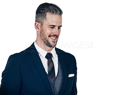 Buy stock photo Studio shot of a happy businessman posing against a white background