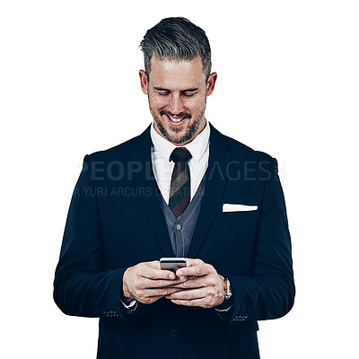 Buy stock photo Studio shot of a businessman using a mobile phone against a white background