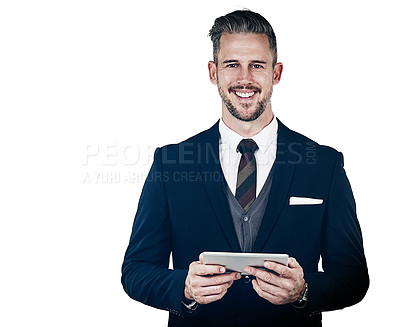 Buy stock photo Studio portrait of a businessman using a digital tablet against a white background