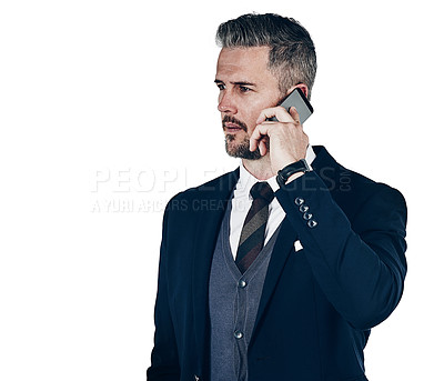 Buy stock photo Studio shot of a businessman using a mobile phone against a white background