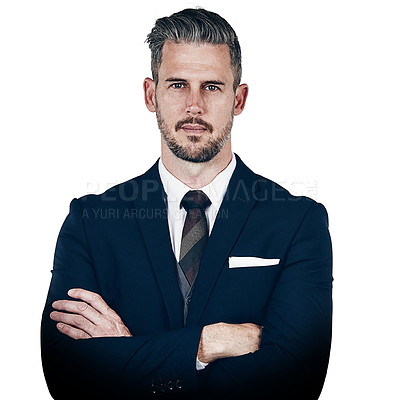 Buy stock photo Studio portrait of a confident businessman posing against a white background