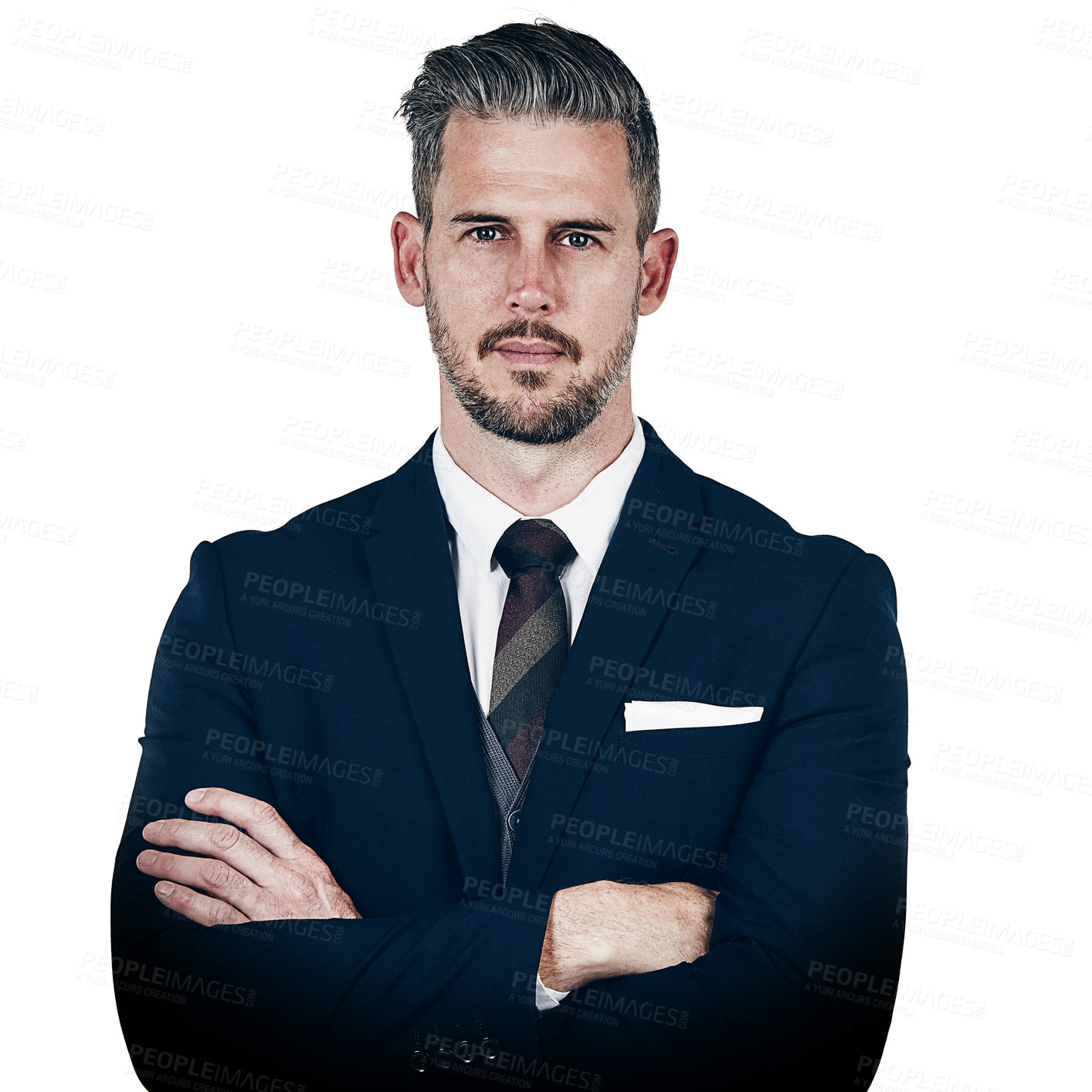 Buy stock photo Studio portrait of a confident businessman posing against a white background