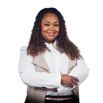 Buy stock photo Black woman, portrait and proud, business and leader in studio with startup vision on white background, Face, happy and business woman proud, confident and excited for career goal while isolated