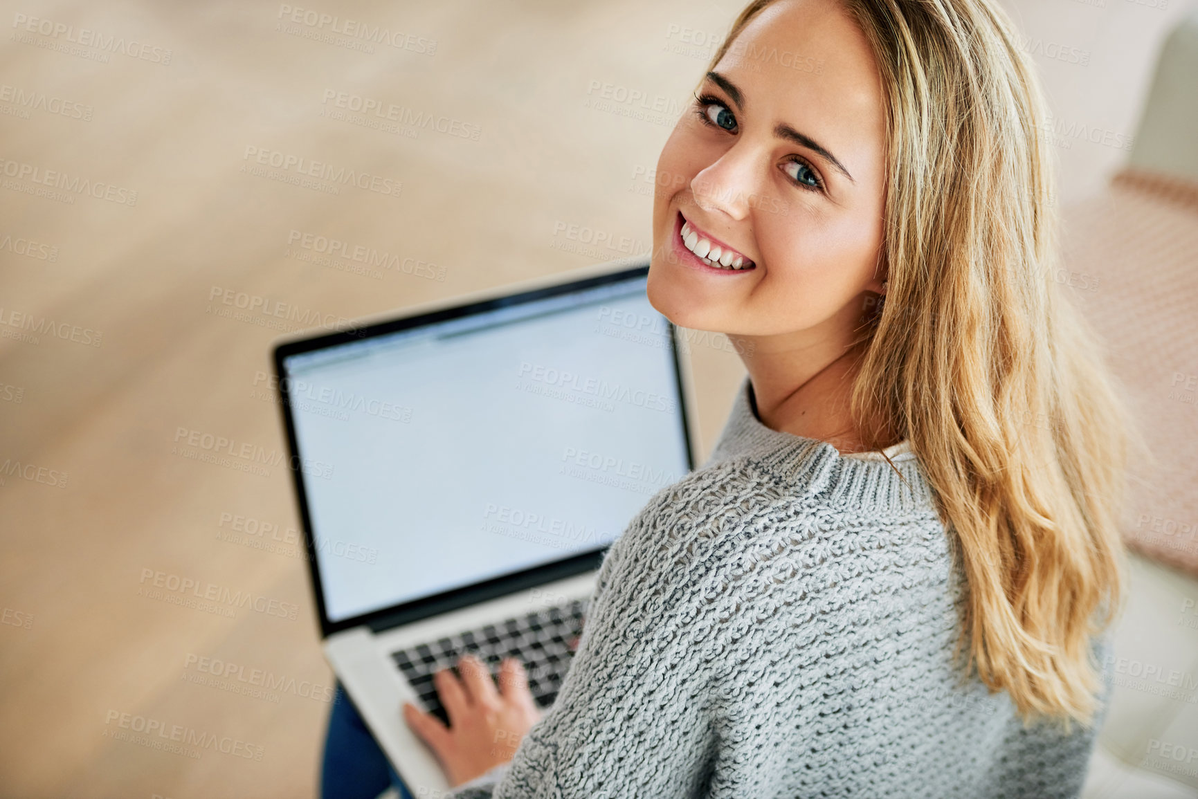 Buy stock photo Remote work, screen and portrait of happy woman with laptop, research and email at home. Female student, smile and tech on sofa for job searching, internship opportunity and feedback in Australia